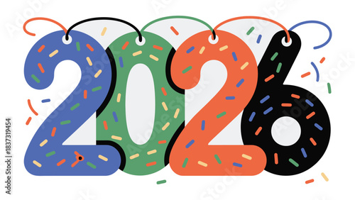 Year 2026: The anticipation of the year 2026 is brought to life through a vibrant and playful design, with each digit adorned in colorful patterns and confetti, a visual feast of anticipation.