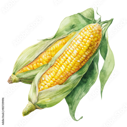 Watercolor vector illustration of Sweet Corn, isolated on white background.