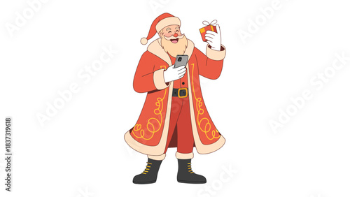 Santa Claus with gift box and phone: A jolly figure in a classic red suit, holding a gift box and a phone in an inviting festive illustration, capturing the essence of holiday cheer.