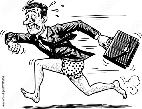 Illustration of a businessman panicking because he is late for a meeting running in a hurry in his underwear for humor themed posters, comic artwork, and entertainment design projects
