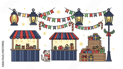 Festive Christmas Market: An illustration of a vibrant Christmas market scene, stalls adorned with colorful gifts and decorations, a festive ambience.