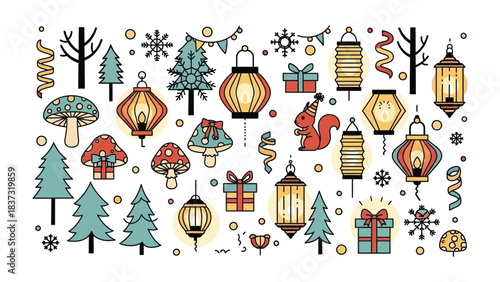 Festive Decorations Illustration: A charming illustrated array of festive decorations, featuring lanterns, gifts, trees, and other holiday themed elements, evoking the spirit of celebration and joy.