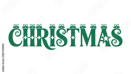 Festive Christmas Typography: A cheerful design displaying the word Christmas in an artistic, festive font, decorated with gift icons, perfect for seasonal promotions.