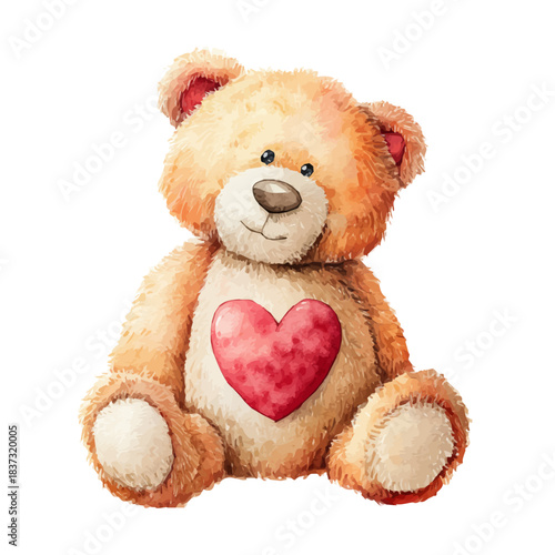 Watercolor vector illustration of Valentines Teddy Bear With Heart, isolated on white background.