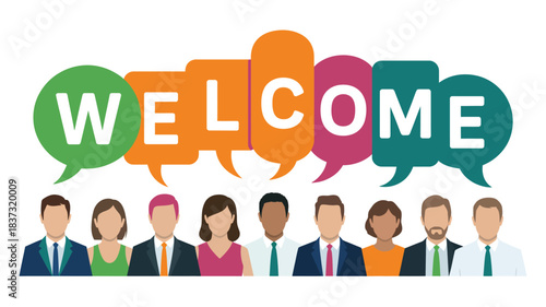 diverse business team with welcome text in colorful speech bubbles, modern flat illustration for corporate onboarding, teamwork, community and communication themes