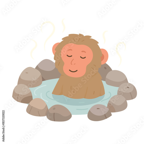 Relaxed monkey soaking in warm spring surrounded by stones, monkey enjoying calm wellness vibe, gentle steam rising