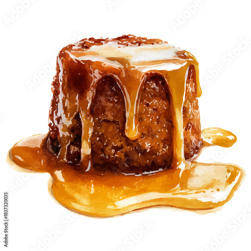 Watercolor illustration of Sticky Toffee Pudding, vector artwork, isolated on white background.