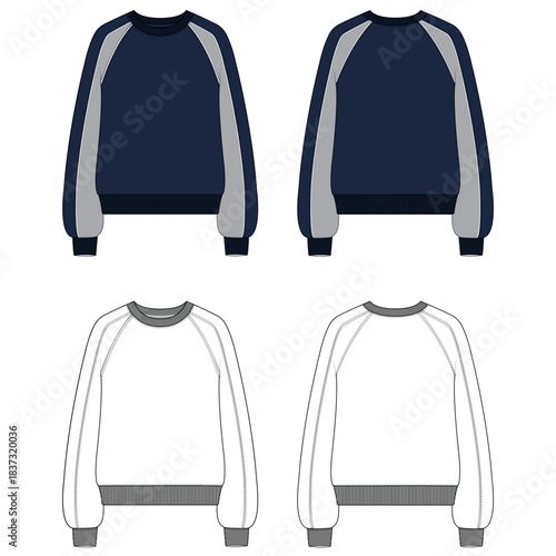 Women’s Raglan Sleeve Sweatshirt — Crew-Neck Technical Flat Sketch with Piping and Top-Stitch Details, Front and Back CAD Template