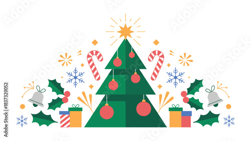 Festive Holiday Illustration: A delightful illustration showcases a decorated Christmas tree surrounded by holiday symbols, conveying the joy and spirit of the season.