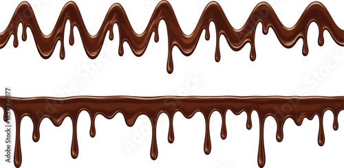 Seamless liquid dark chocolate dripping borders vector set with wavy and straight edges ideal for bakery packaging and sweet food design