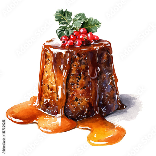 Sticky Toffee Pudding, watercolor painting, vector illustration, isolated on a white background.