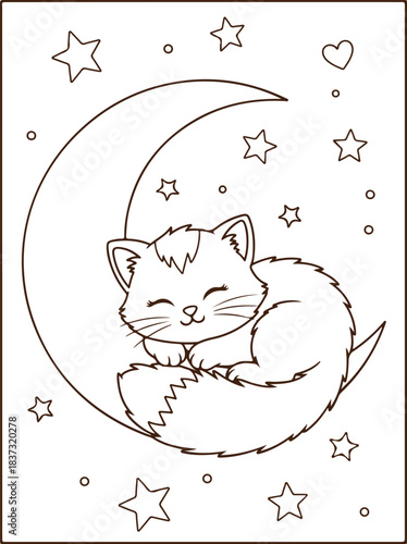 Cute cat sleeping on the moon with stars outline vector Illustration