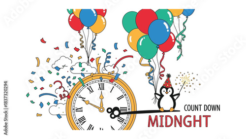 Midnight Countdown: A whimsical scene features a festive clock marking the approach of midnight, complemented by balloons and a playful penguin with a sparkler.