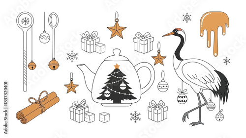 Festive Tea Set and Crane: An enchanting illustration presents a whimsical tea set, adorned with a Christmas tree, complemented by a graceful crane and holiday-themed embellishments.