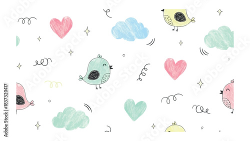 Cute Whimsical Birds in Harmony: A delightful illustration showcases a repeating pattern of adorable birds, hearts, clouds, and stars, exuding joy and playfulness and set in a captivating.
