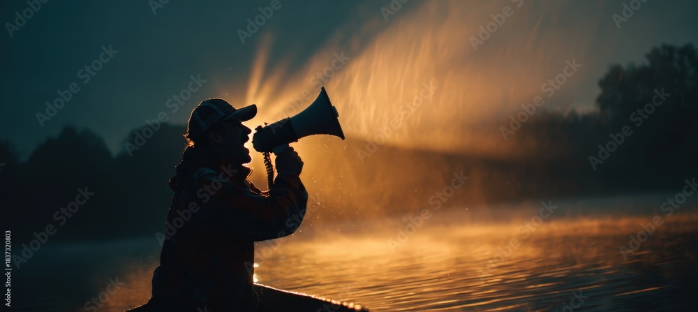 Fototapeta premium Coxswain Shouting Through Megaphone at Dawn on Misty Lake