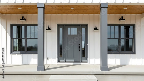 Detailed view of a stylish modern farmhouse front entrance with a gray door, dark windows, and white board and batten siding.