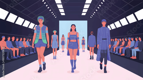 Fashion show models walk runway with audience watching