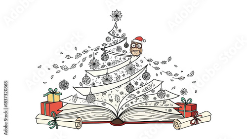 Christmas Tree Literature: An open book blossoming into a stylized Christmas tree, adorned with ornaments and a charming owl, evoking the warmth of the holiday season through literature. 