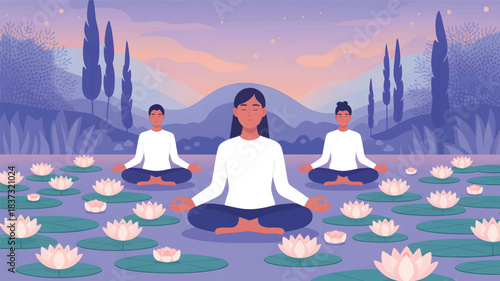 Three people meditating in a serene lotus pond at dusk