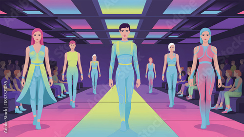 Fashion show runway with models in futuristic outfits and audience