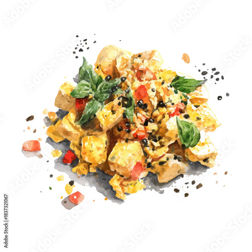 Tofu Scramble, watercolor painting, vector illustration, isolated on a white background.
