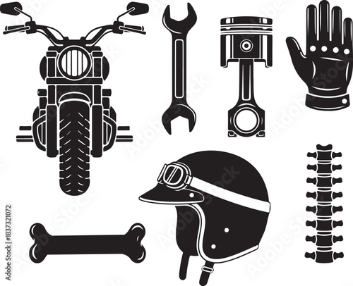 Collection of motorcycle parts silhouette vector, motorcycle parts and tools icon, motorcycle parts icon, motorcycle parts and tools vector illustration