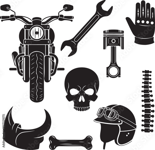 Collection of motorcycle parts silhouette vector, motorcycle parts and tools icon, motorcycle parts icon, motorcycle parts and tools vector illustration