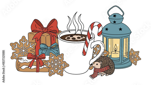 Festive Moments: A delightful arrangement of festive treats and decorations, featuring a warm mug of cocoa, a glowing lantern, wrapped gifts and gingerbread.