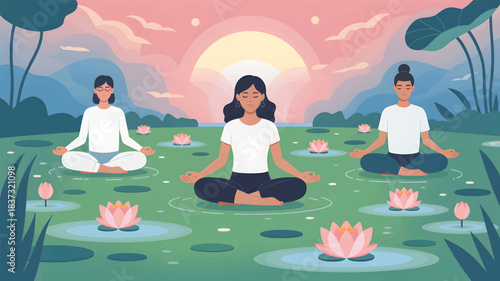 Three people meditating in lotus pose surrounded by water lilies