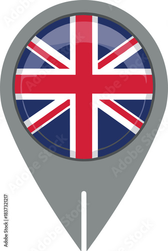 Union Jack flag inside a glossy location map pin vector icon for travel navigation web applications and patriotic design projects