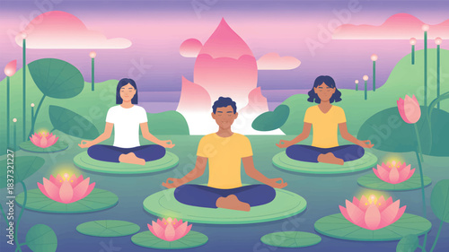 Three people meditating on lily pads surrounded by lotus flowers