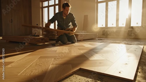 Man install wood floor renovation project home improvement building construction interior worker installing hardwood parquet flooring