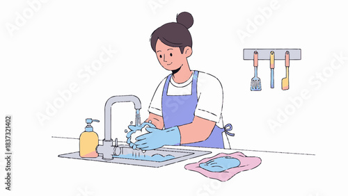 Woman in apron and gloves washing dishes at kitchen sink.