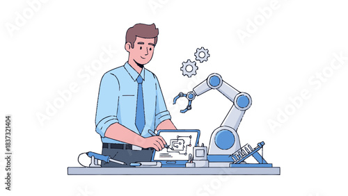 Engineer working on robotic arm with laptop, showcasing automation and innovation.