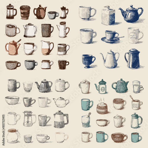 A cozy illustration set featuring teapots, coffee mugs, cups, and kitchenware in vintage sketch style, ideal for cafe themes, menu designs, and warm kitchen artwork.