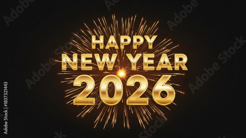 Golden New Year: A dazzling display of fireworks illuminate the golden lettering of Happy New Year 2026, set against a rich, dark backdrop, creating a celebratory image.