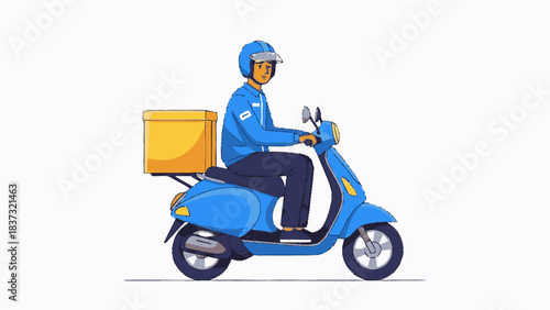 Delivery man riding a blue scooter with a yellow delivery box.
