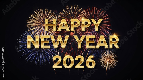 New Year's Eve Celebration with Fireworks: A vibrant display of fireworks illuminates the night sky, with Happy New Year 2026 displayed in dazzling golden font to mark the start of a new chapter.