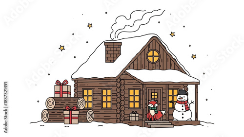 Winter Lodge Illustration: A cozy illustration depicts a snow-covered lodge nestled in a winter wonderland, with a cheerful snowman and festive gift.