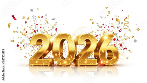 2026: A Festive New Year Celebration: A sparkling 2026 is displayed with golden shimmer and confetti, signifying a joyous commencement of a new year.