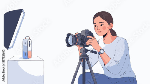 Female photographer capturing product shot in studio with professional equipment.