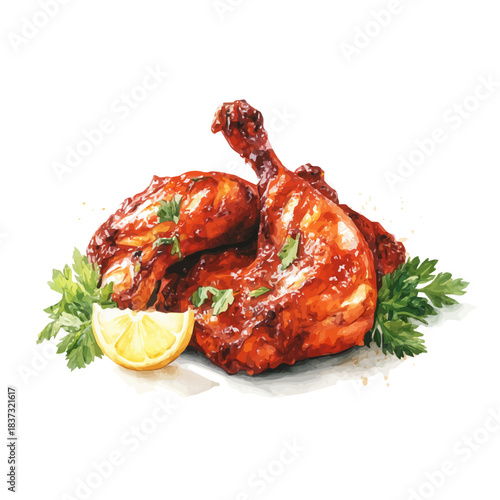 Watercolor vector illustration of Tandoori Chicken, isolated on white background.