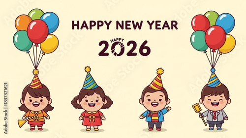 New Year's Celebration with Joyful Characters: A vibrant illustration showcasing cheerful characters with festive balloons and party hats, celebrating the dawn of the new year.