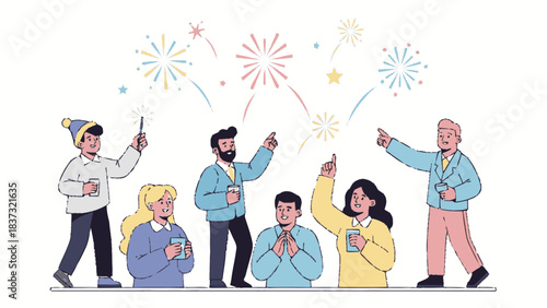 Group of diverse friends celebrating New Years Eve with fireworks and sparklers.