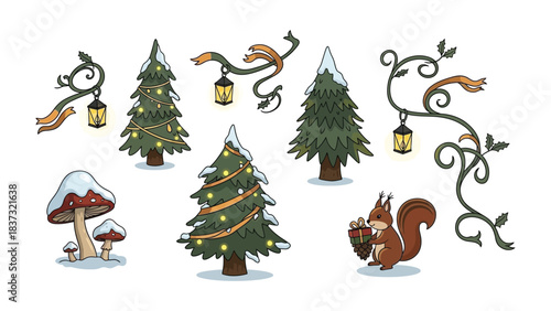 Festive Forest Illustration: A charming assortment of wintery elements, including ornamented trees, a playful squirrel, whimsical mushrooms, and decorative lanterns, all exuding a holiday spirit.