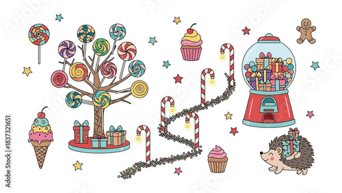 Candy Land Dreams: A whimsical illustration showcases a candy-themed wonderland, complete with a lollipop tree, candy cane path, and gumball machine