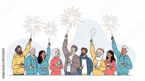 Diverse group of friends celebrating with sparklers, enjoying a festive gathering.