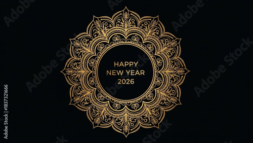 New Year 2026: Intricate golden patterns against a backdrop of deep black. The design evokes feelings of sophistication and cultural heritage, perfect for festive announcements. 