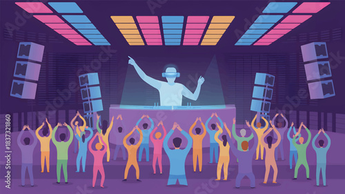 D J in V R headset performs for dancing crowd under colorful lights